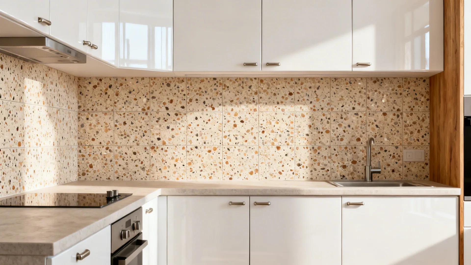 Warm terrazzo tile sticker backsplash softening glossy white cabinets in a compact kitchen.