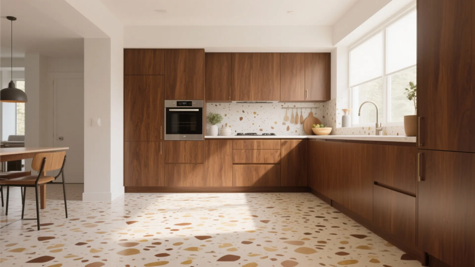 Minimalist kitchen with dark wood cabinets white terrazzo floor tiles and natural sunlight from window
