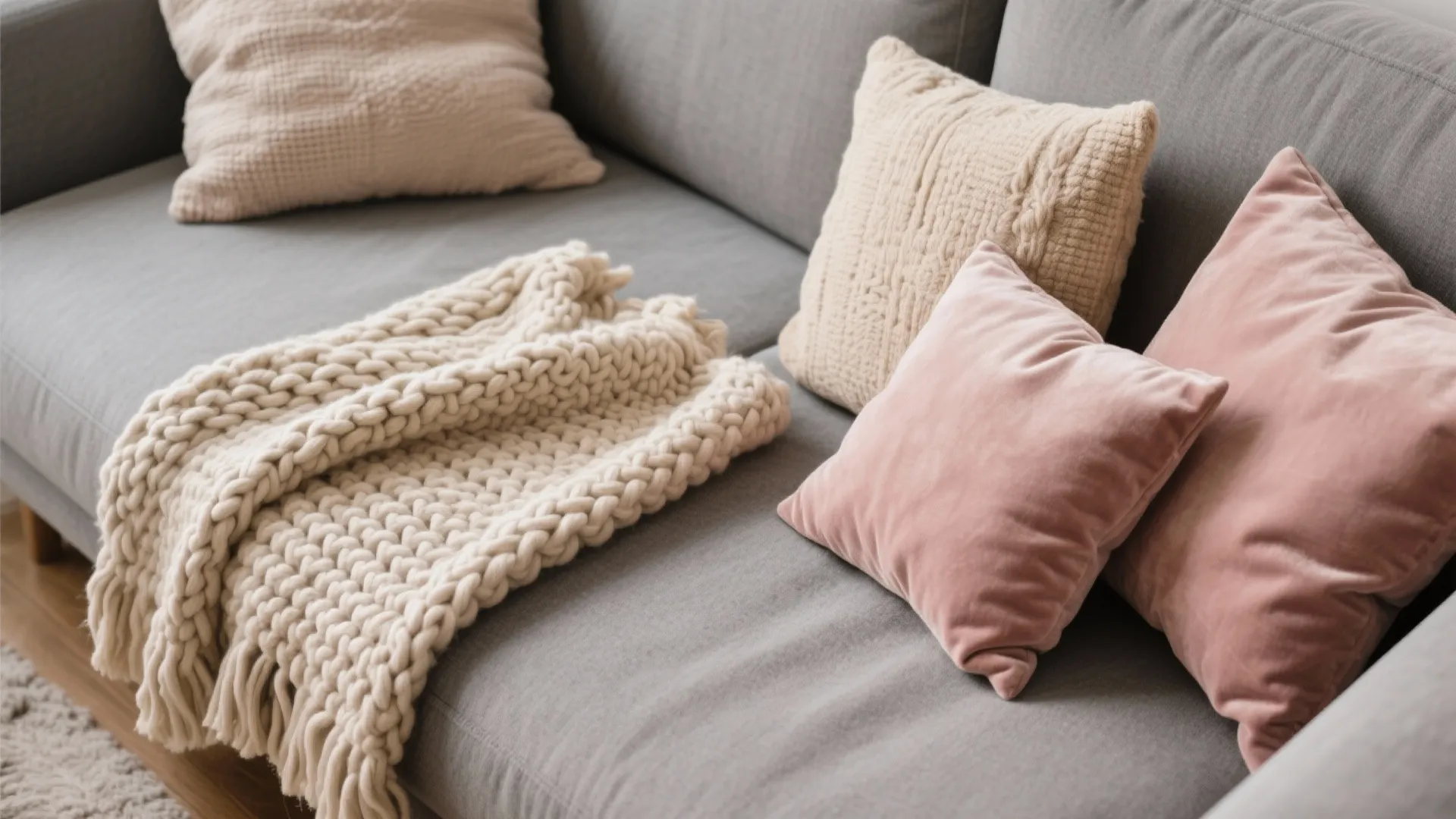 Close up of grey sofa with pink velvet pillows beige knit blanket and textured cushions