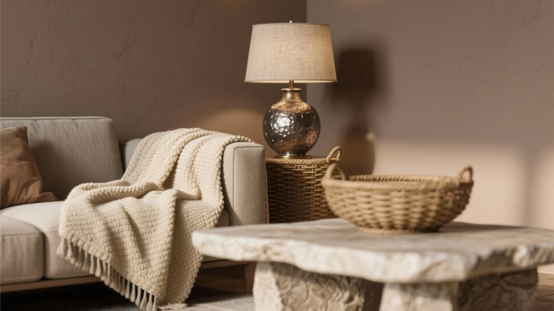 Close up of beige sofa with blanket beside table lamp on a woven basket table