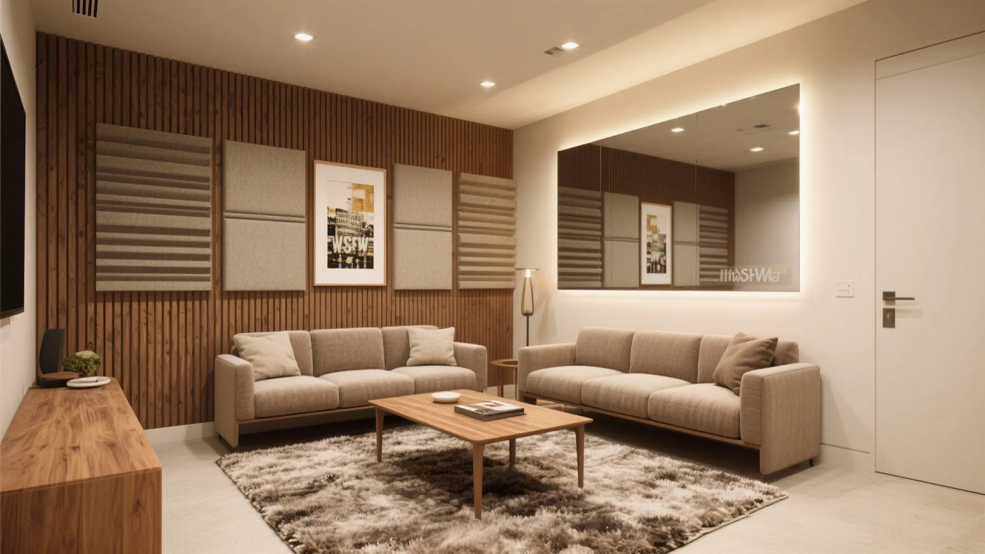 Modern living room with wooden wall panels, grey sofas, coffee table, rug, and large mirror
