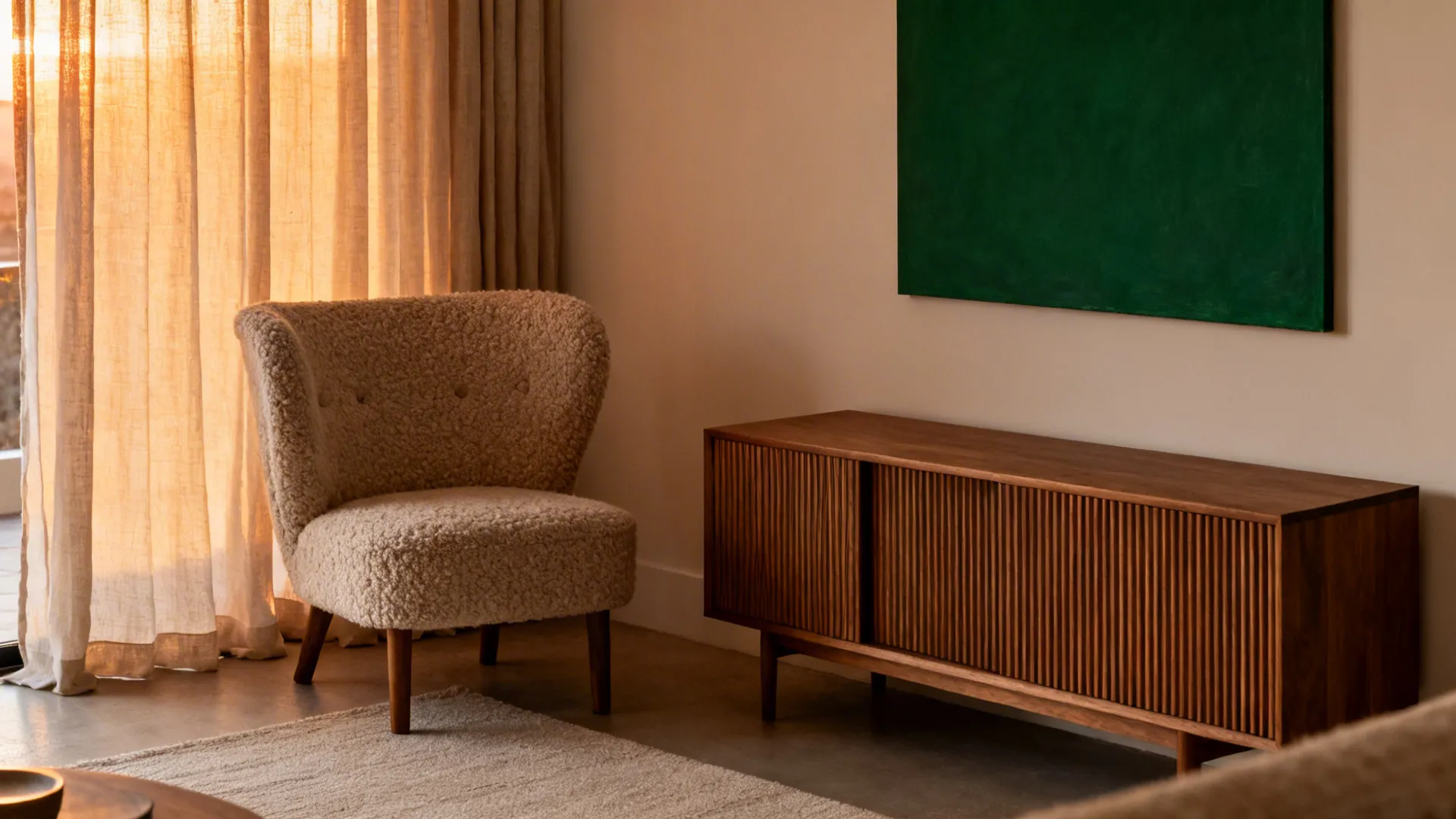 Boucle chair, ribbed cabinet, linen curtains, and a deep-green artwork in a small living room.