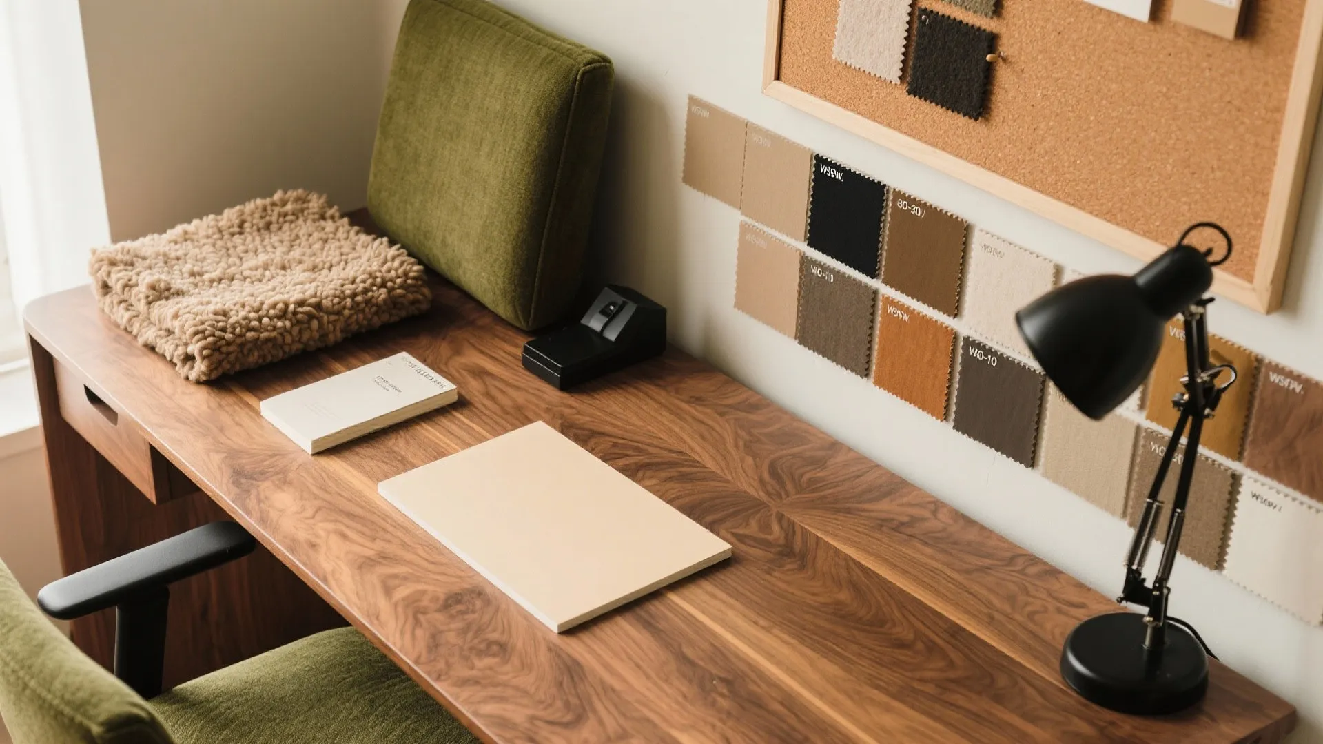 Wooden desk with black lamp and fabric samples on the wall next to a cork board
