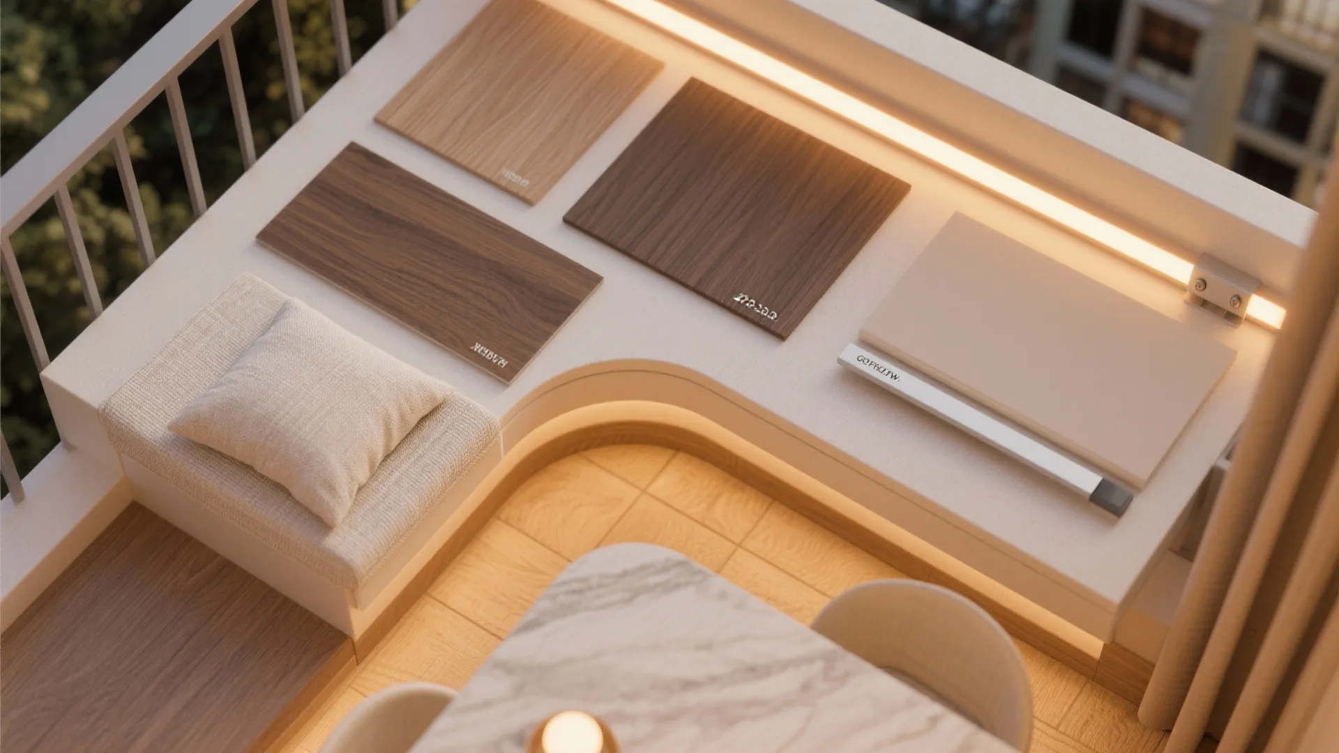 Flat lay with wood veneer, laminate, linen fabric, warm LED strip, matte paint chip, and slim brackets.