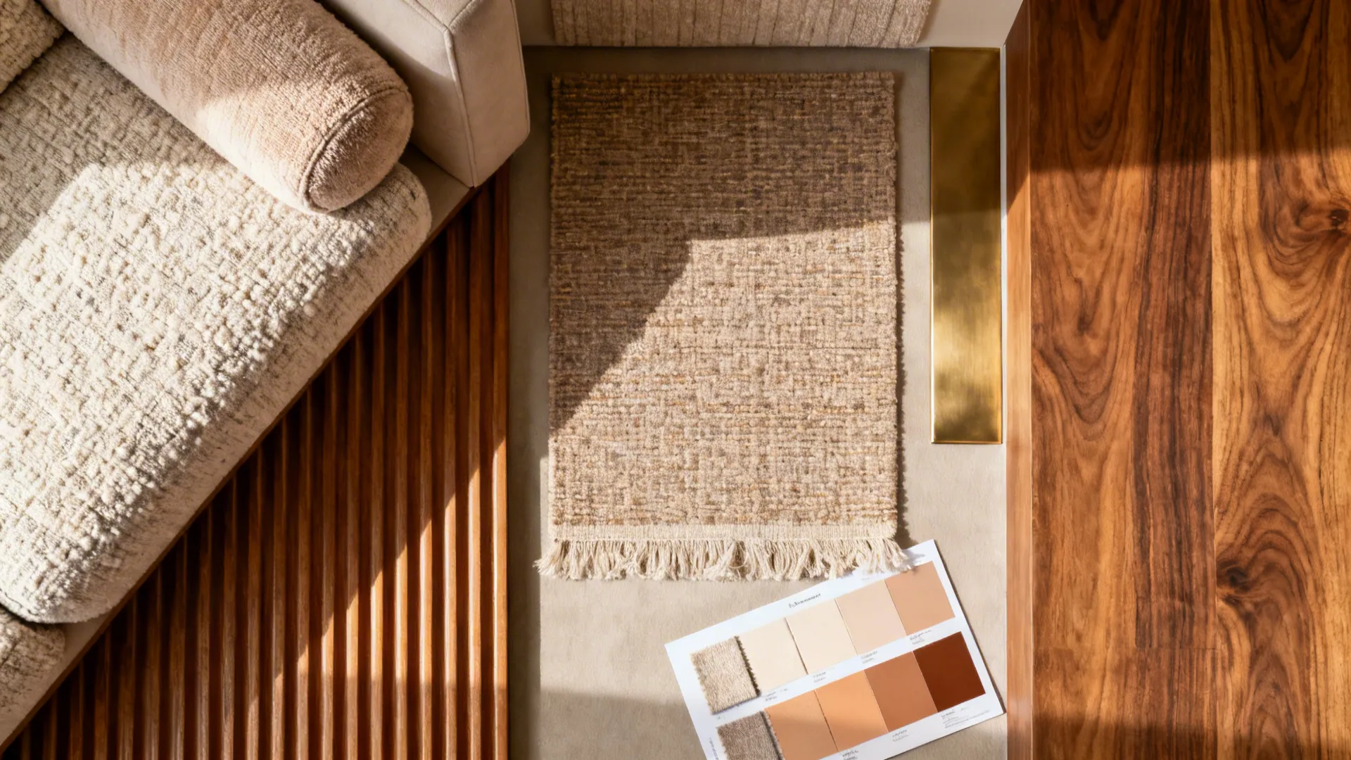 Flatlay of boucle and chenille fabrics, matte woven rug, fluted warm wood, and brass accents in warm neutrals.