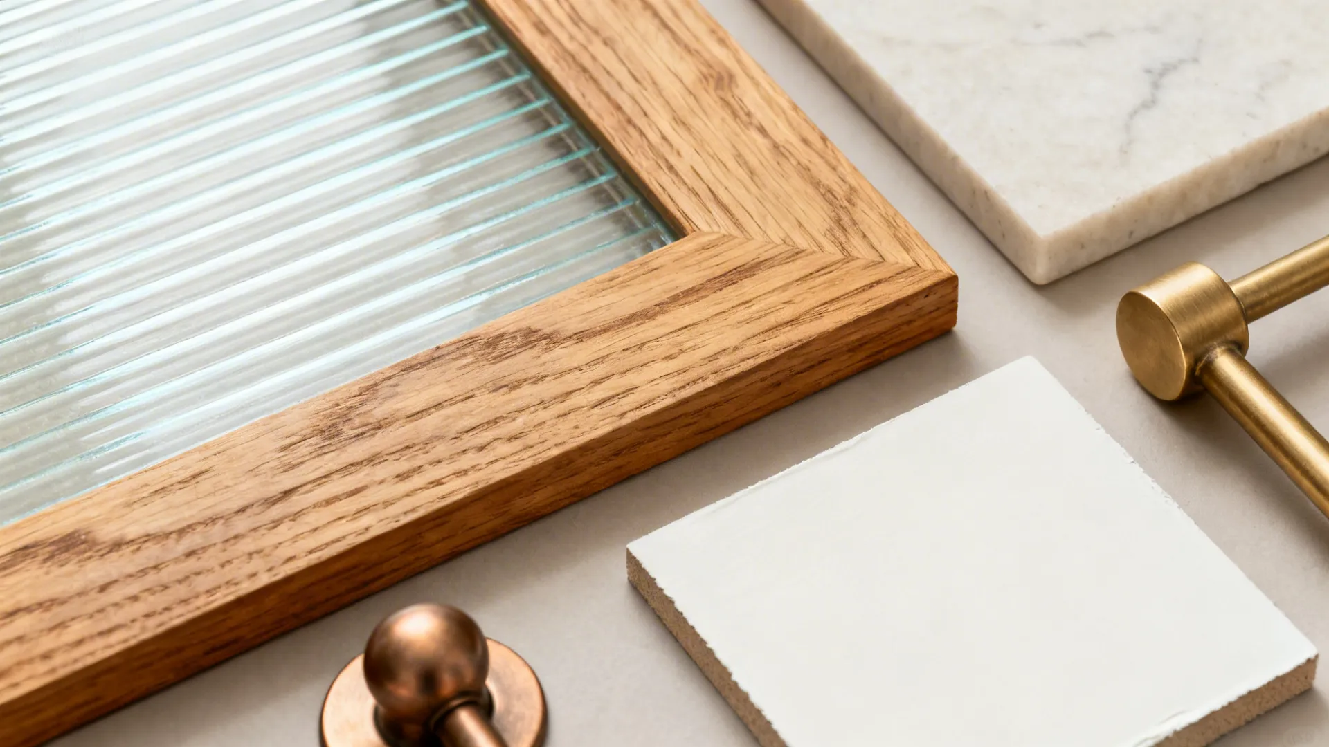 Flat lay of oak veneer, ribbed glass, pale quartz, and warm metal hardware.