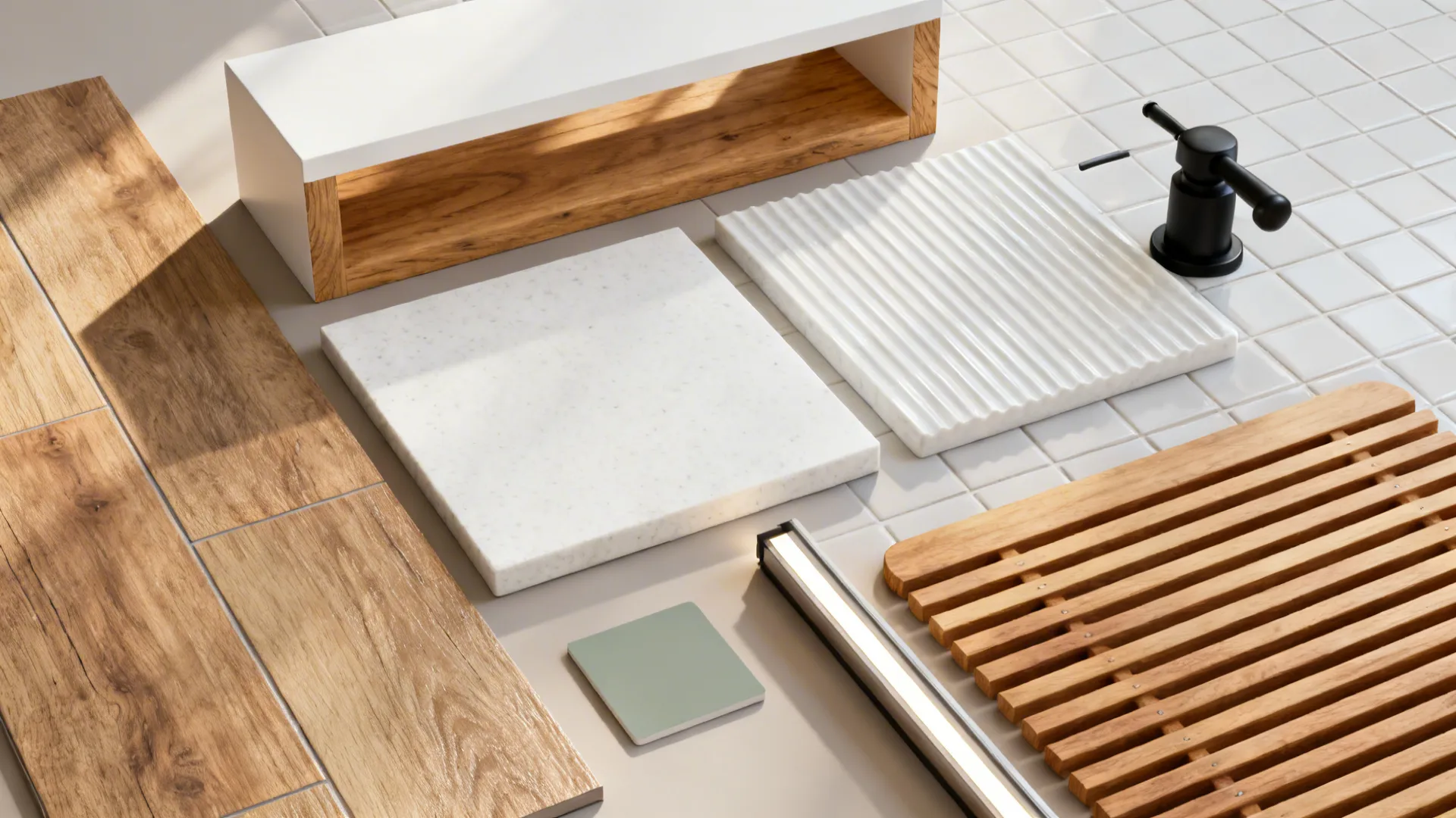 Flat lay with wood-look porcelain, oak shelf sample, matte quartz, ribbed tile, black hardware, and teak mat.