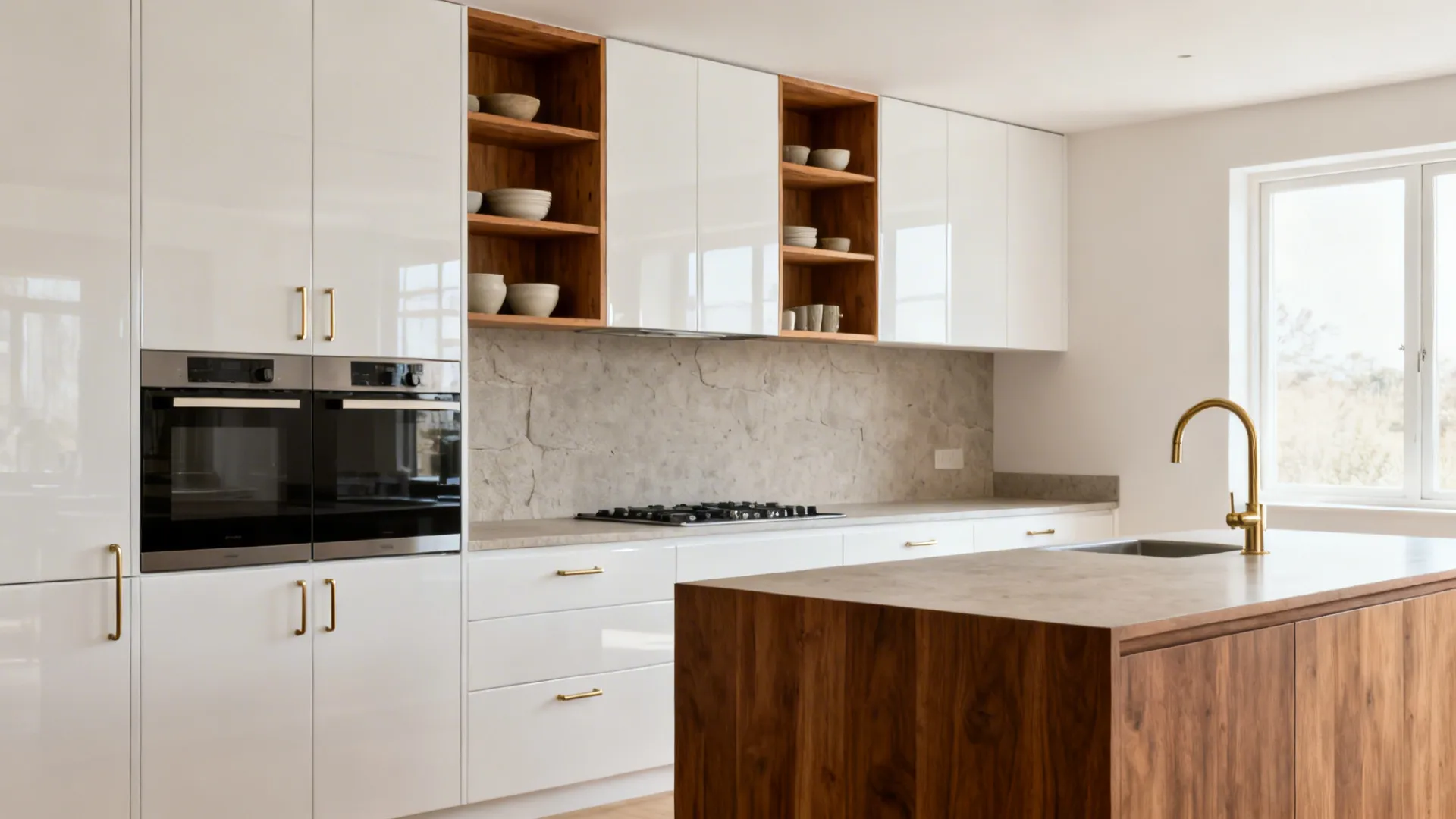 White gloss kitchen softened by oak shelves and satin brass details.
