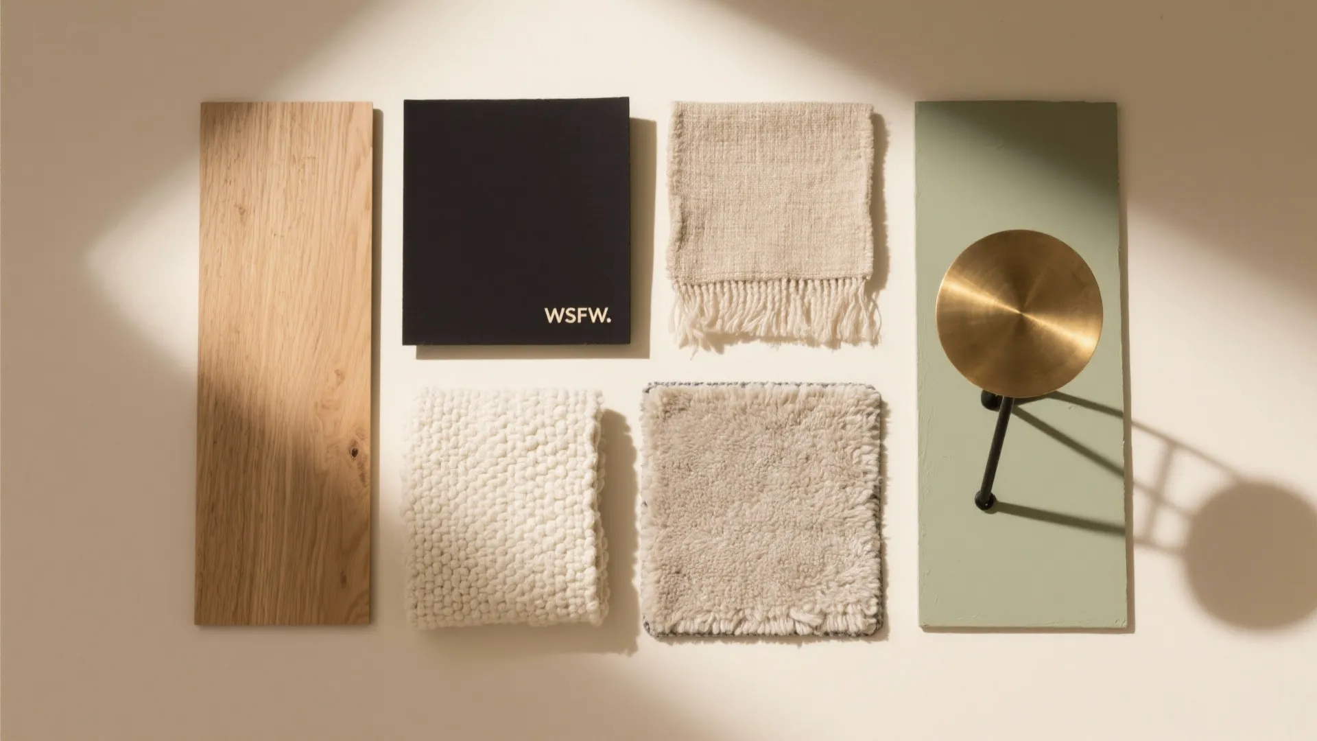 Interior design materials showing wood panel samples with white fabric and light brown carpet texture pieces