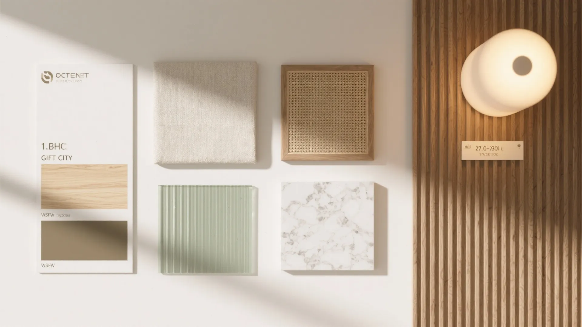 Material mood board showing wood panels, marble tile, glass samples, and a warm wall light