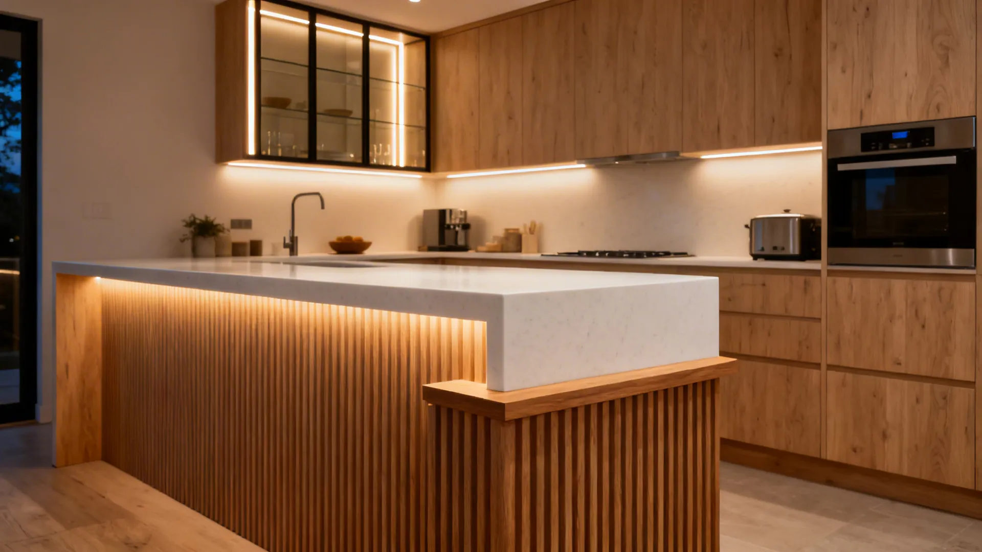 Warm L-shaped kitchen with ribbed wood accent, framed glass cabinet, and layered LED lighting.