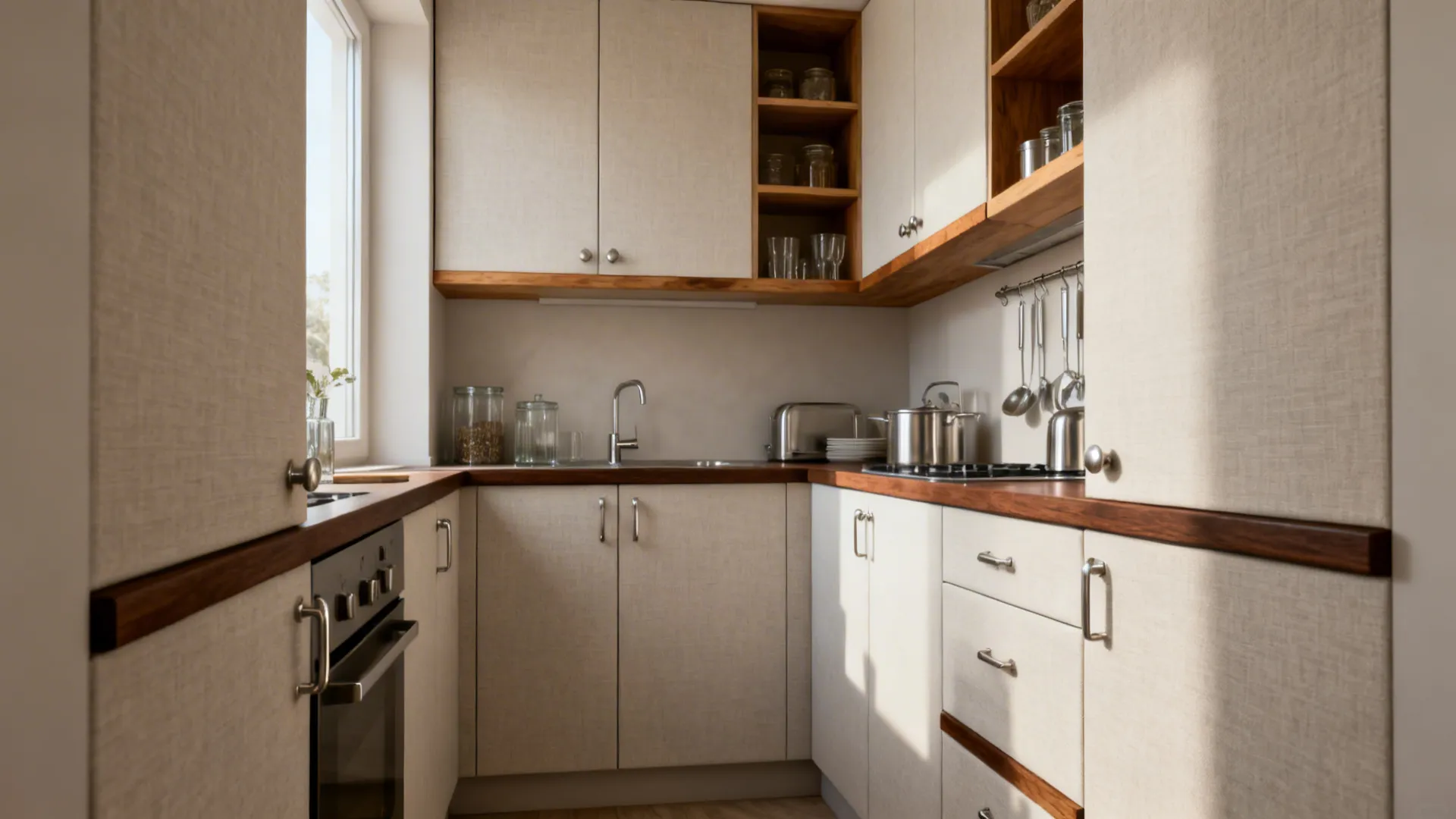 Small kitchen layout with textured beige cabinets wooden countertops window sink oven and hanging tools