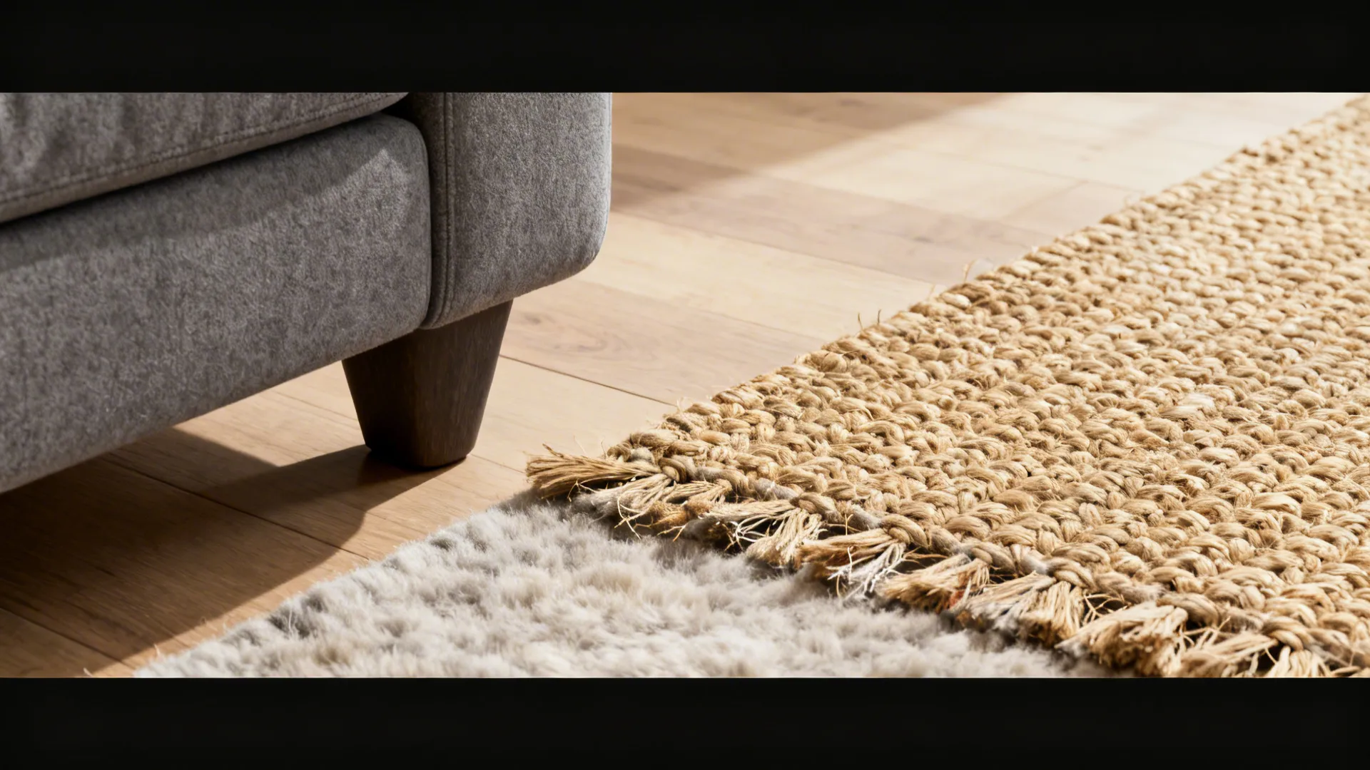 Close-up of warm jute and wool rug texture next to a grey sofa leg.