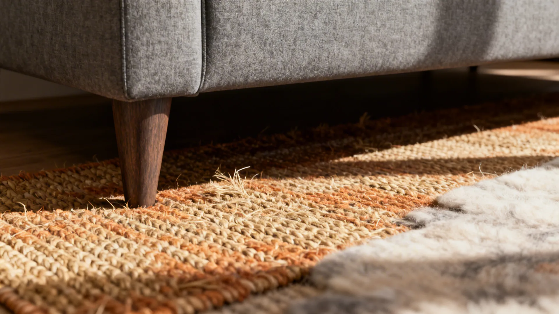 Macro view of wool and jute rug texture beneath a grey sofa leg, showing natural fibers and weave.