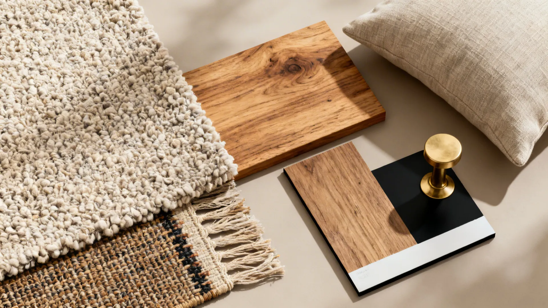 Flatlay of warm textile and material samples to soften black trim contrast: boucle, linen, oak, brass.