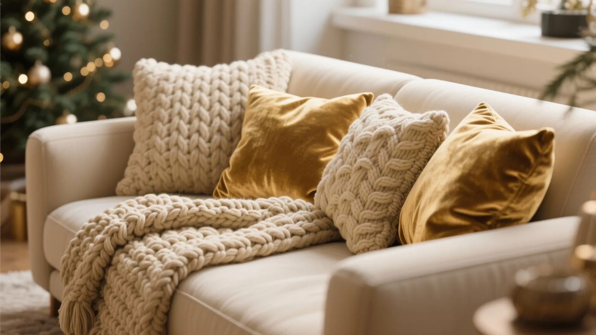 Chunky knit throws and velvet cushions adding warmth to a sofa