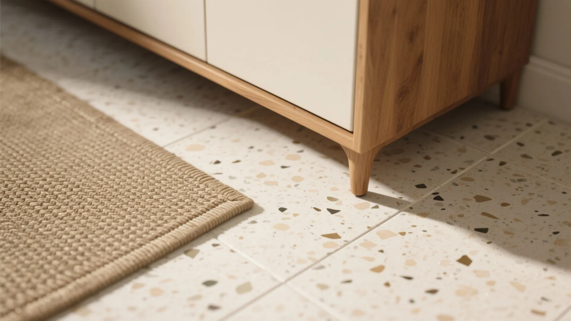 Close up view of speckled floor tiles under a wooden cabinet with a small woven rug