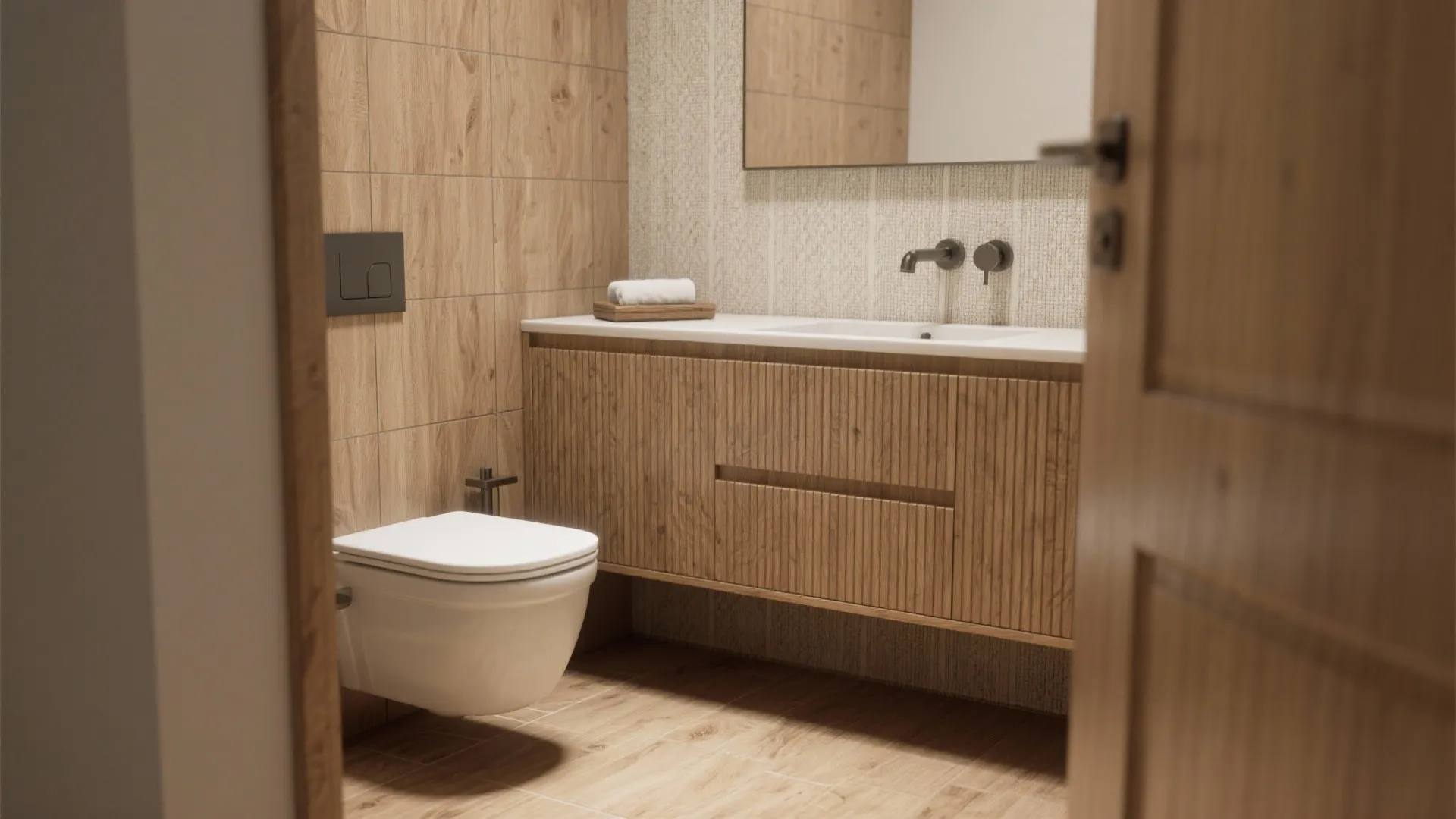 Compact WC with wood-look porcelain and ribbed oak-look vanity for warm texture.