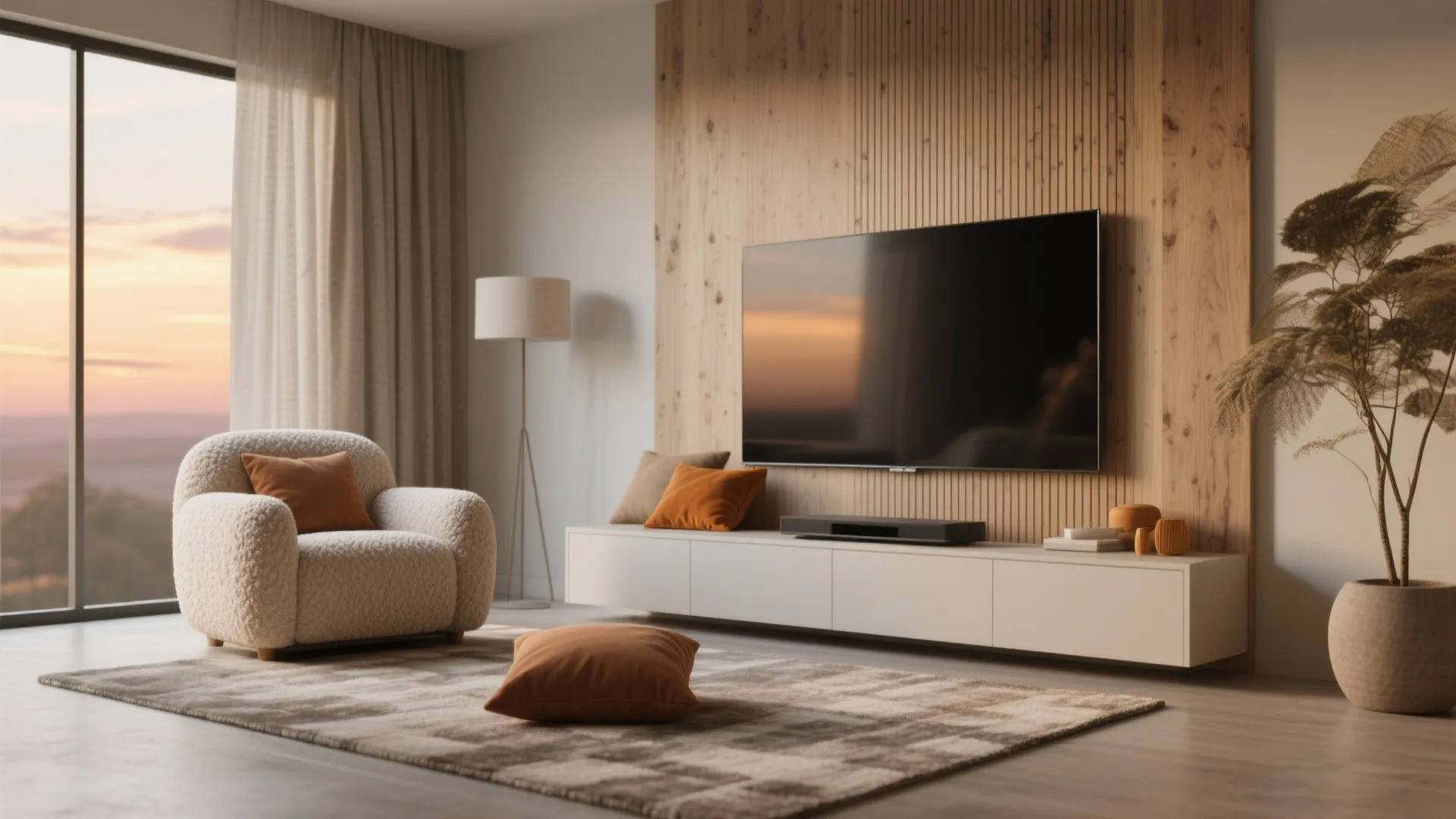 Modern living room with television on wood wall panel, white cabinet, armchair, and sunset view