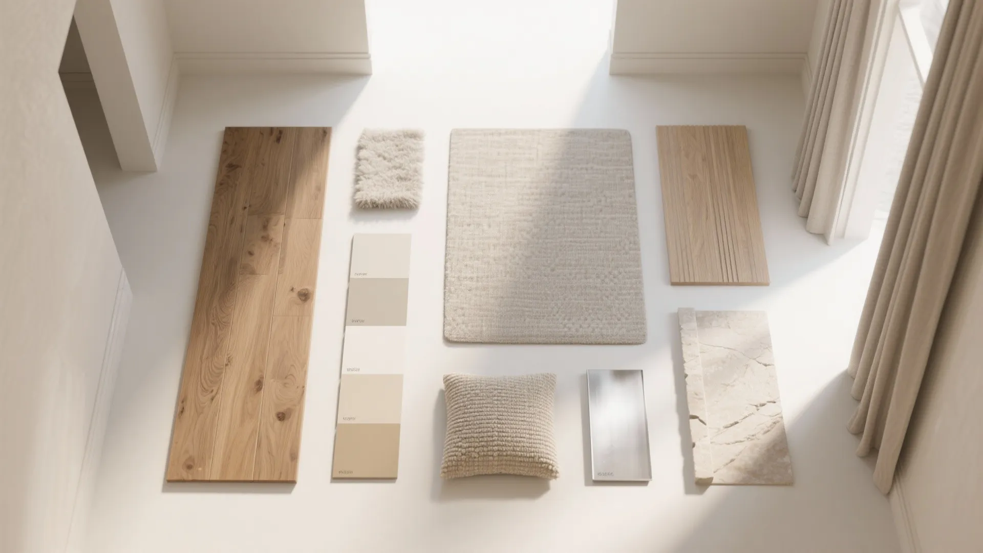 Interior design material board with wood planks, fabric swatches, stone tiles, and neutral color palette