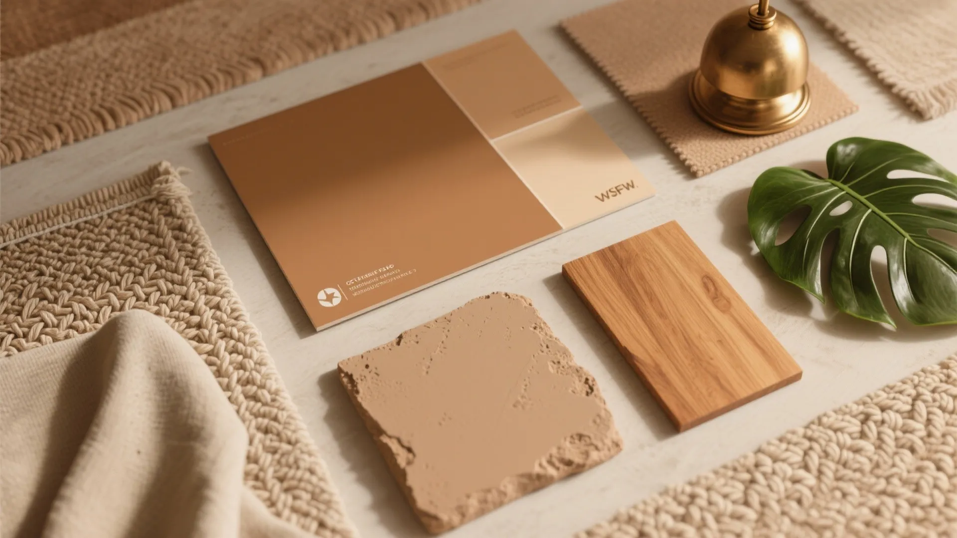 Interior design mood board with brown color palette wood sample stone tile and green leaf