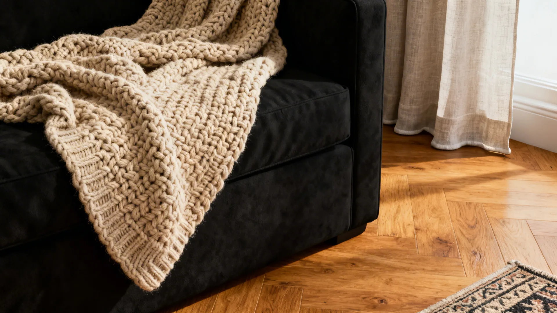 Close-up of a chunky beige knit blanket on a black sofa with honey oak flooring and a patterned rug.