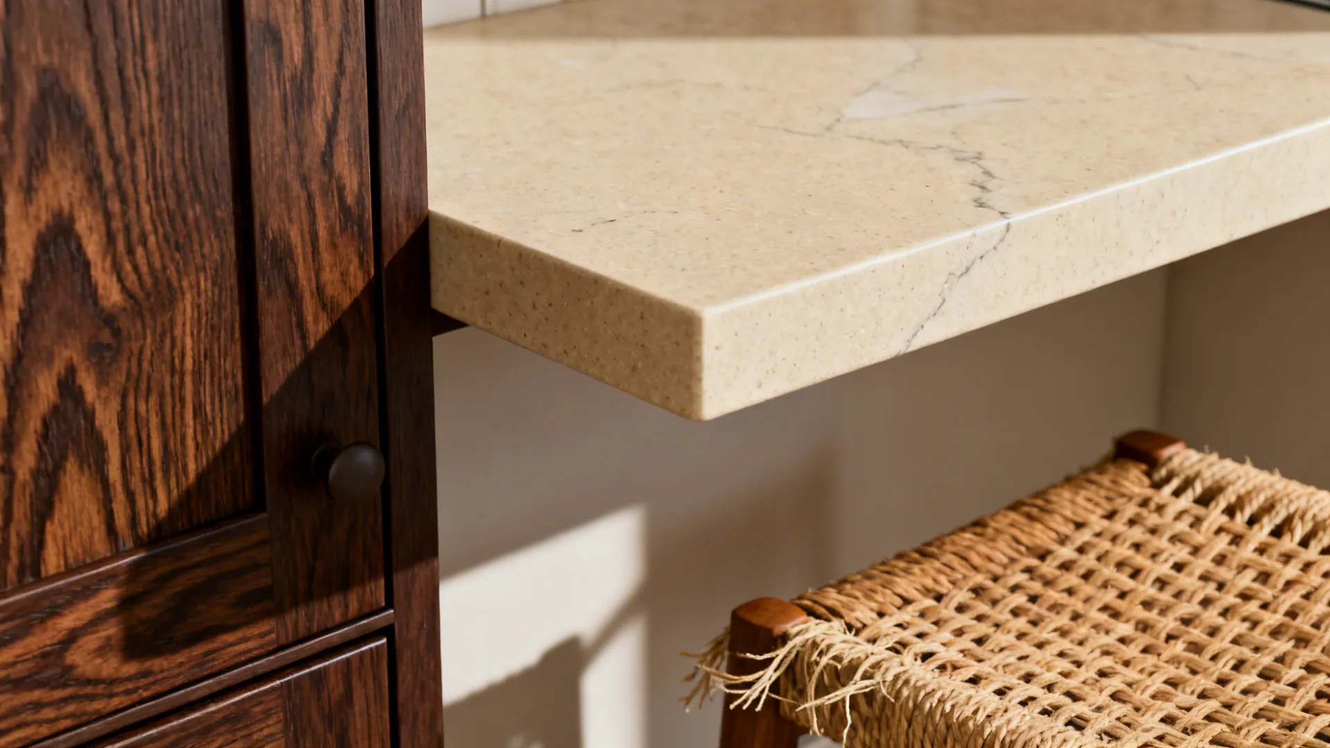 Close-up of brown cabinet edge, beige countertop and woven rattan seat showing layered textures.