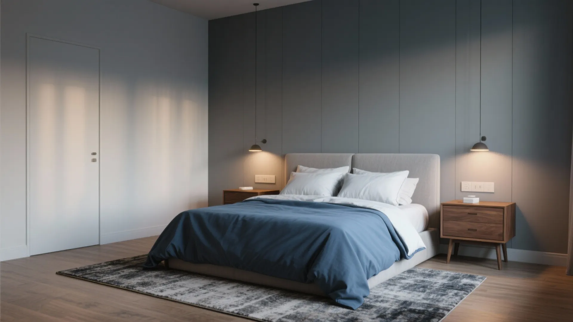 Modern bedroom with blue bedding wood nightstands grey wall panels small light fixtures and rug