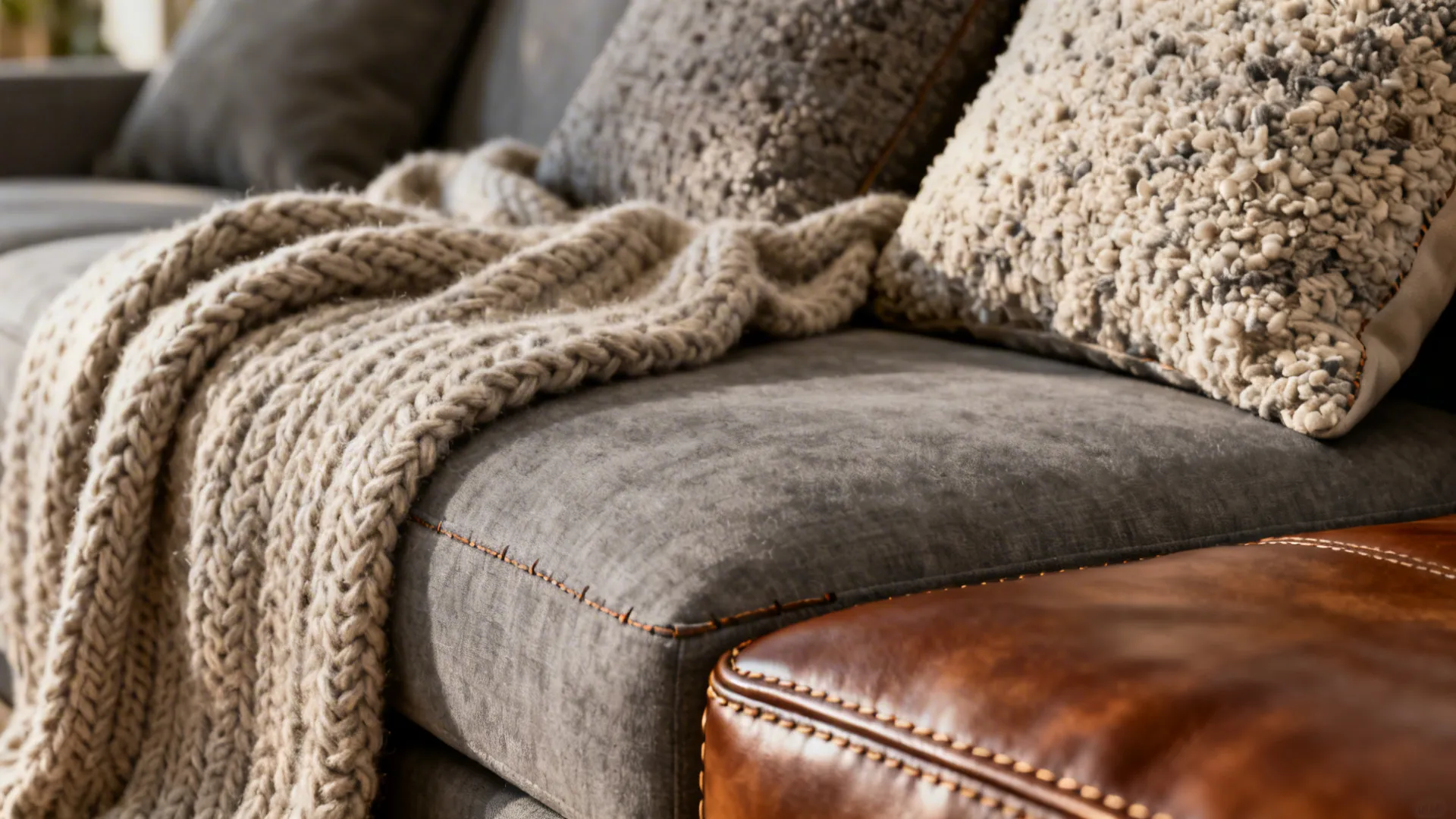 Close up of a grey sofa with a knitted throw and textured pillows and footrest