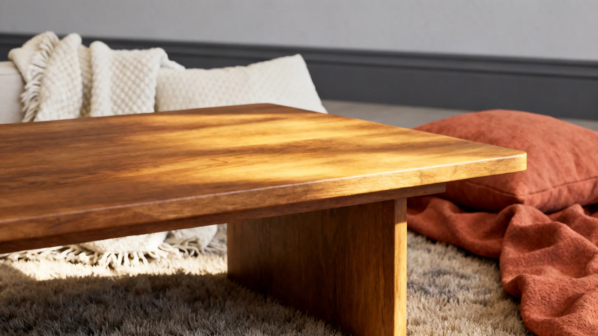 Close-up of oak coffee table, wool rug and warm textiles against light grey wall and dark trim