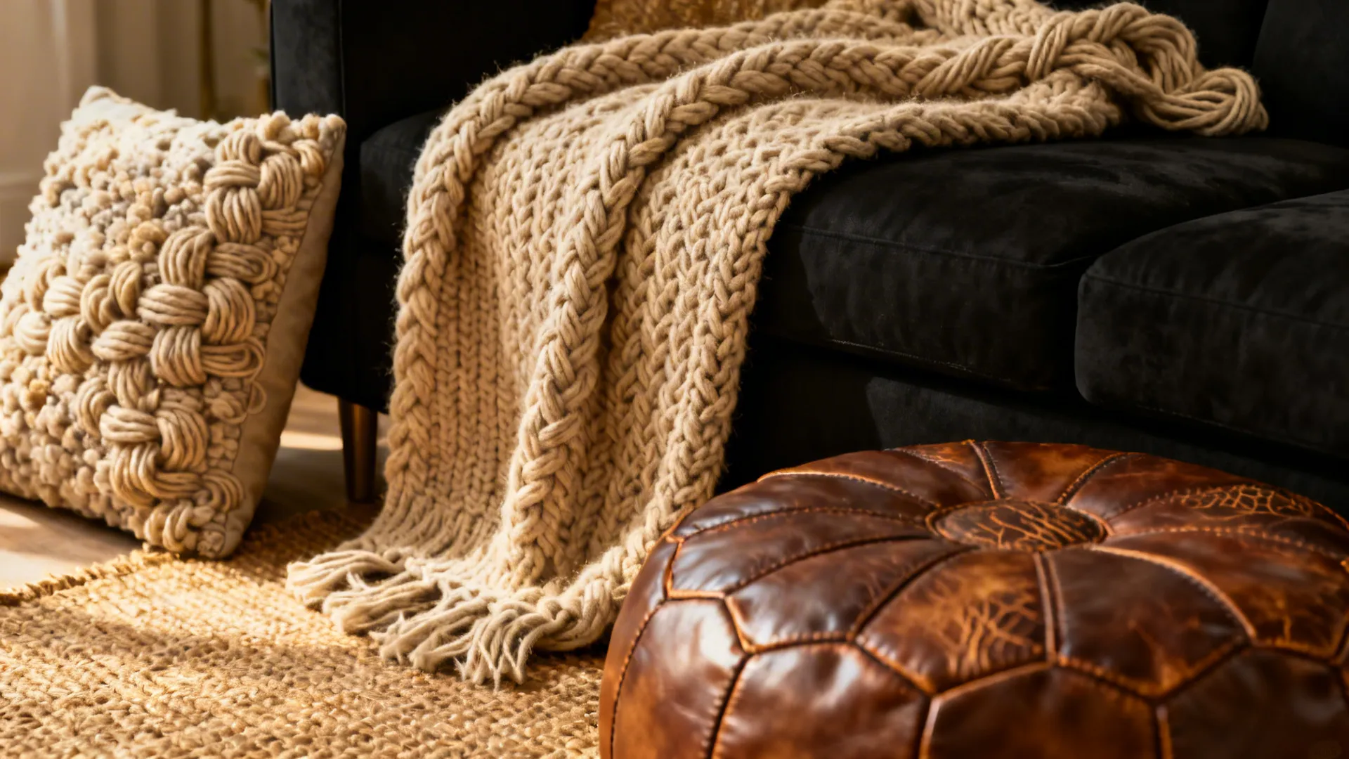 Close-up of chunky knit throw, boucle cushion and leather pouf next to a black sofa