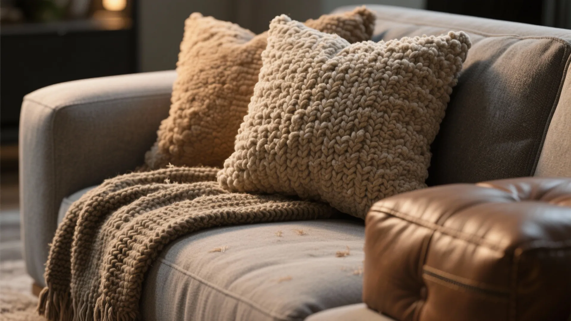 Close up view of a grey sofa with knitted pillows and a warm textured blanket