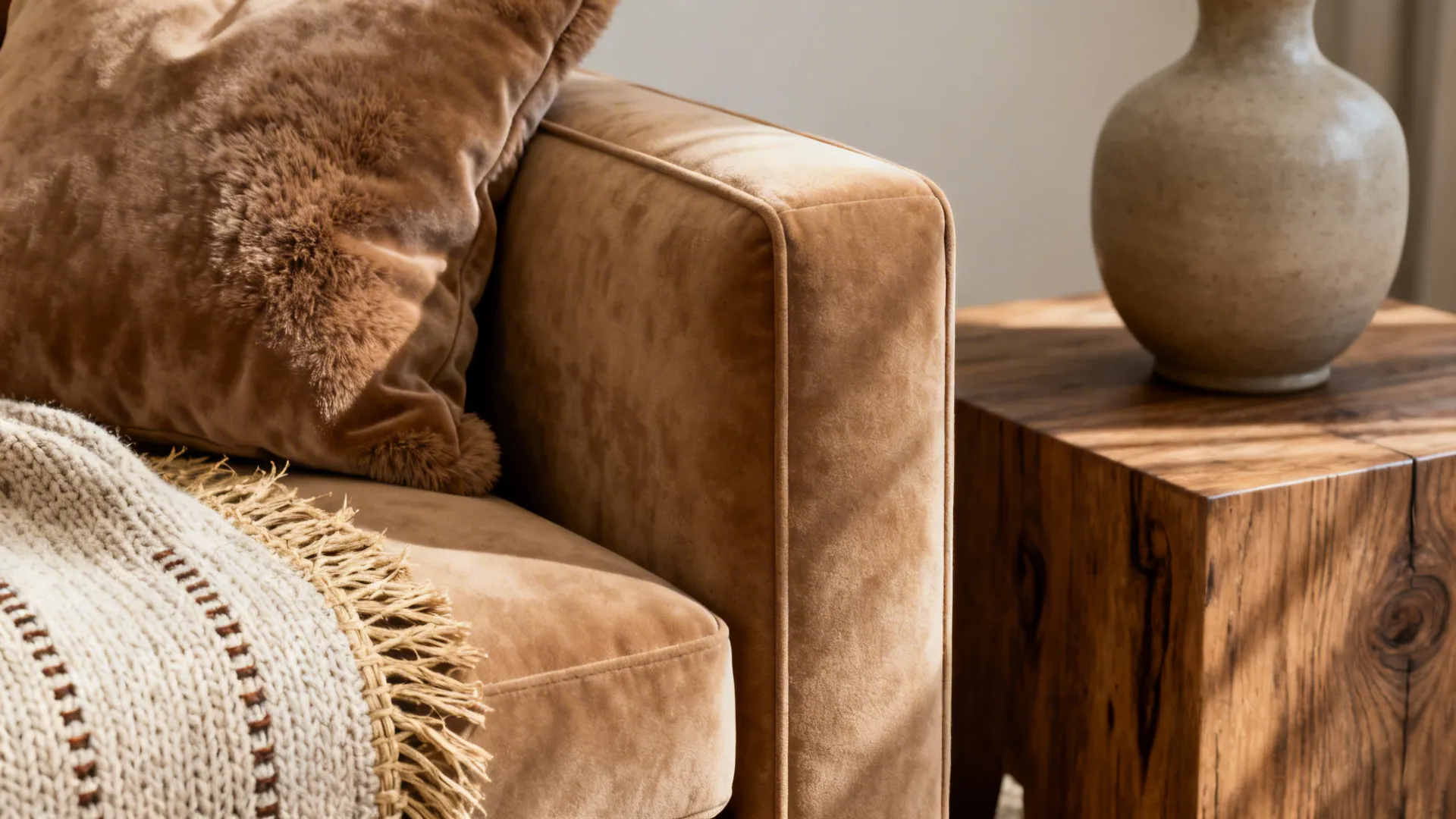 Close-up of velvet cushion, knit throw, jute rug and ceramic vase beside a tan sofa