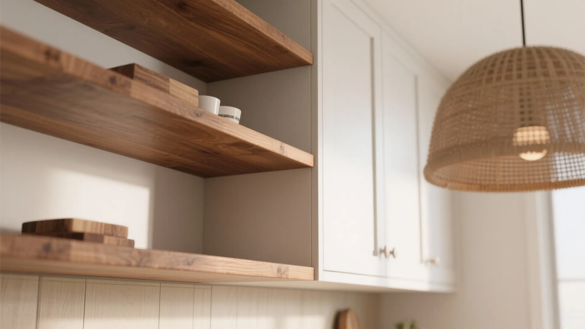 Warm wood shelf and butcher-block island detail against white satin cabinetry with rattan pendant out of focus