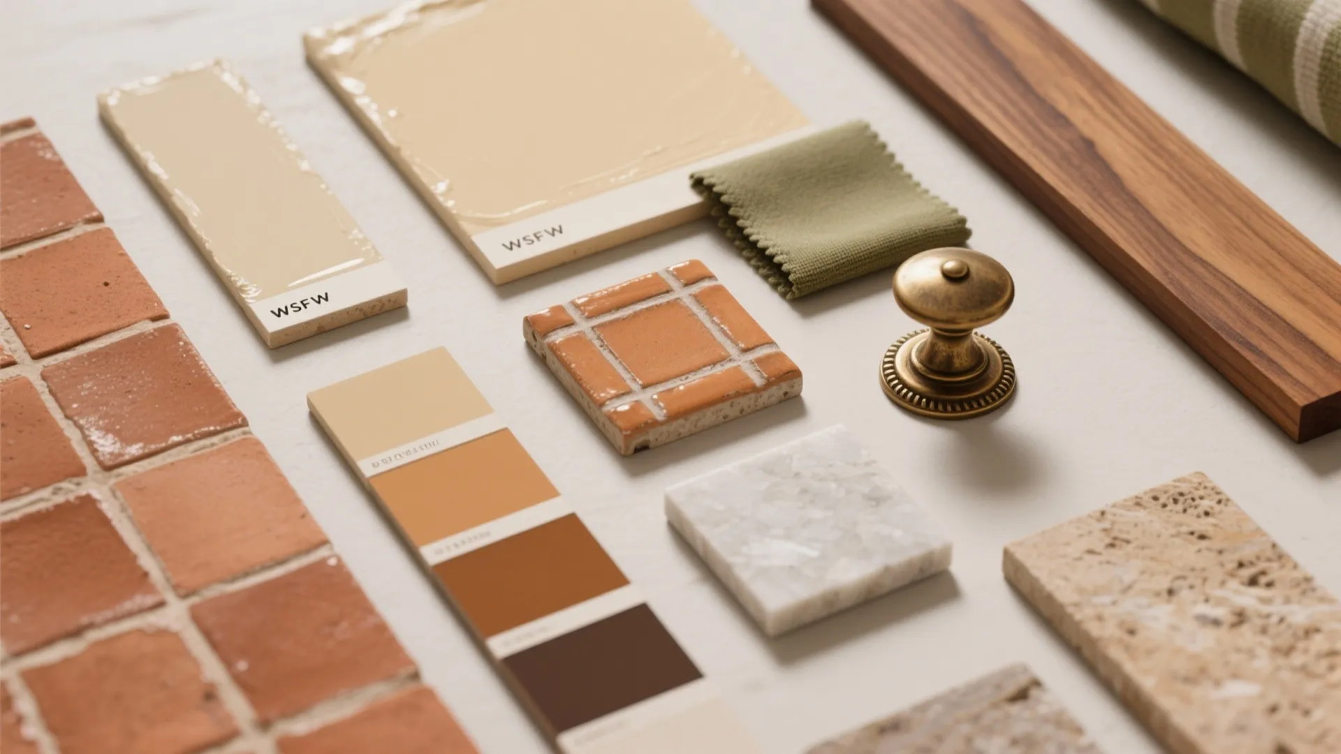 Flatlay of terracotta tiles wood samples fabric swatches color palettes and a brass door handle