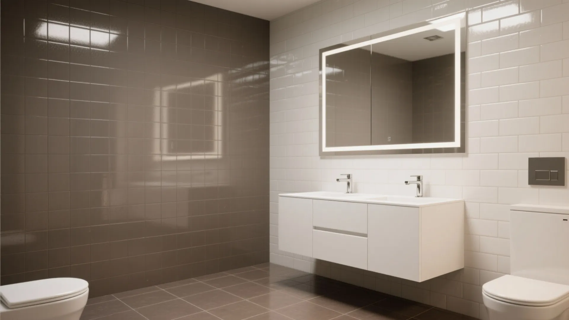 Modern bathroom with white vanity cabinet lighted mirror brown floor tiles and white subway tiles