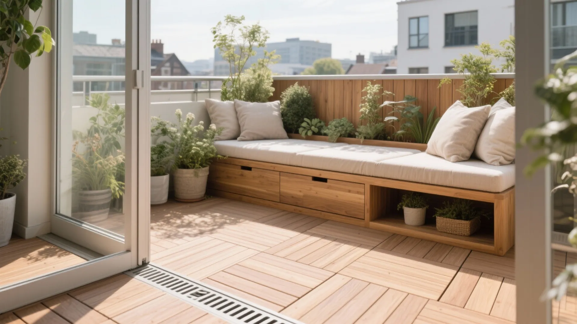 UK balcony with composite wood decking and a timber storage bench for a cozy feel.