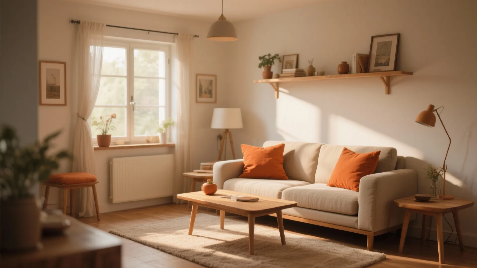 Bright living room with white sofa orange pillows wooden coffee table wall shelf and window light