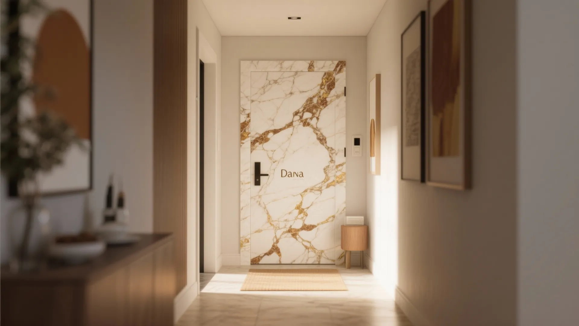 Narrow hallway featuring a white marble door with gold patterns rug and framed wall art