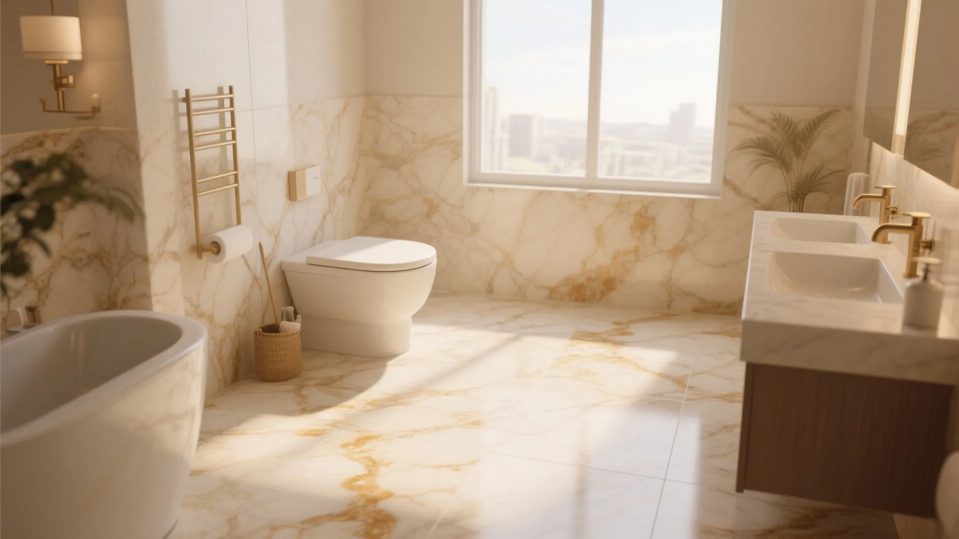 Luxurious bathroom with warm marble tiles white bathtub gold faucets large window and elegant wall light