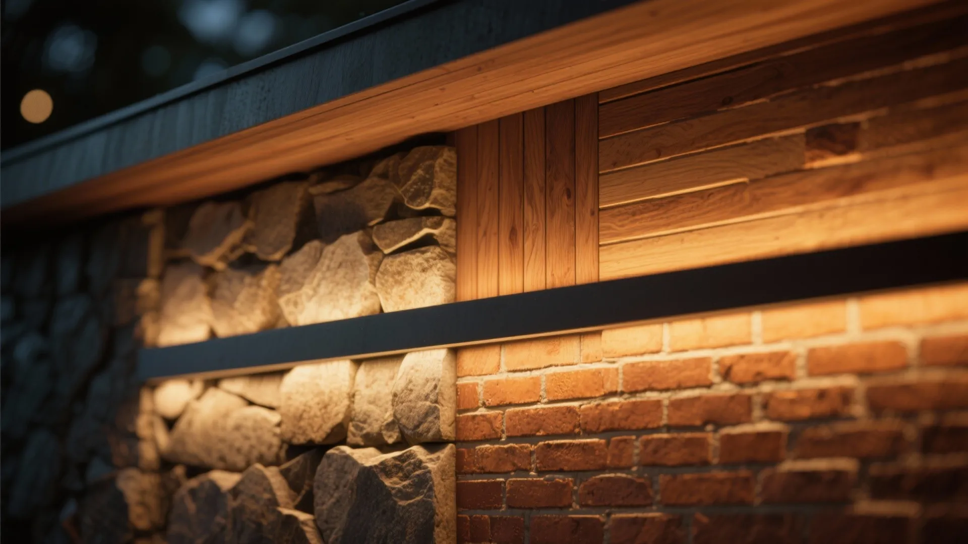 Exterior wall detail showing natural stone, red brick, wood panels, and warm built-in light strip