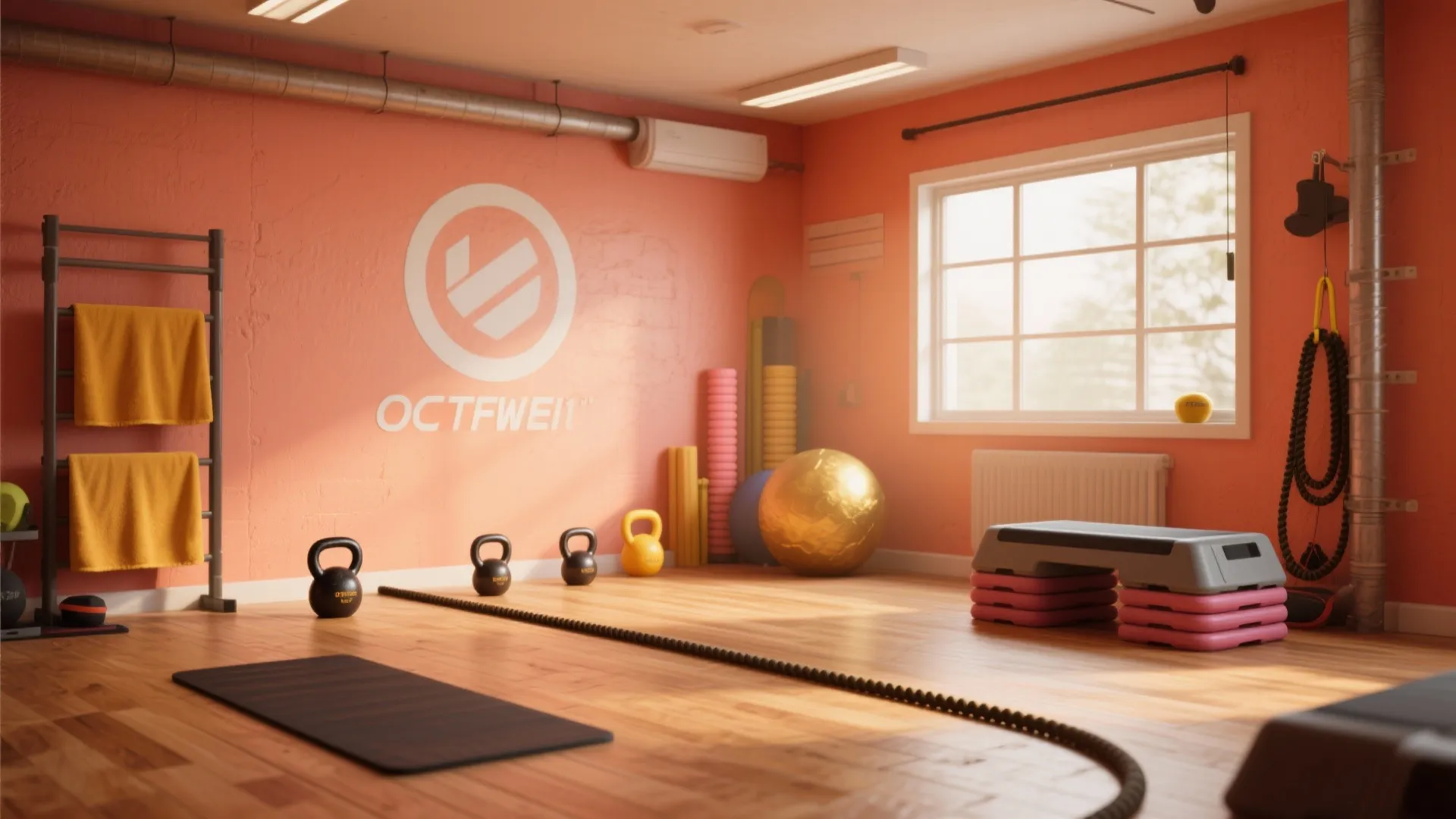 Home fitness room with orange walls wooden floor kettlebells yoga mat and bright natural window light