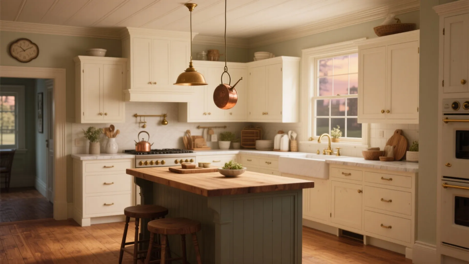 Warm traditional kitchen with green island, wooden top, white cabinets, brass ceiling lights, and window