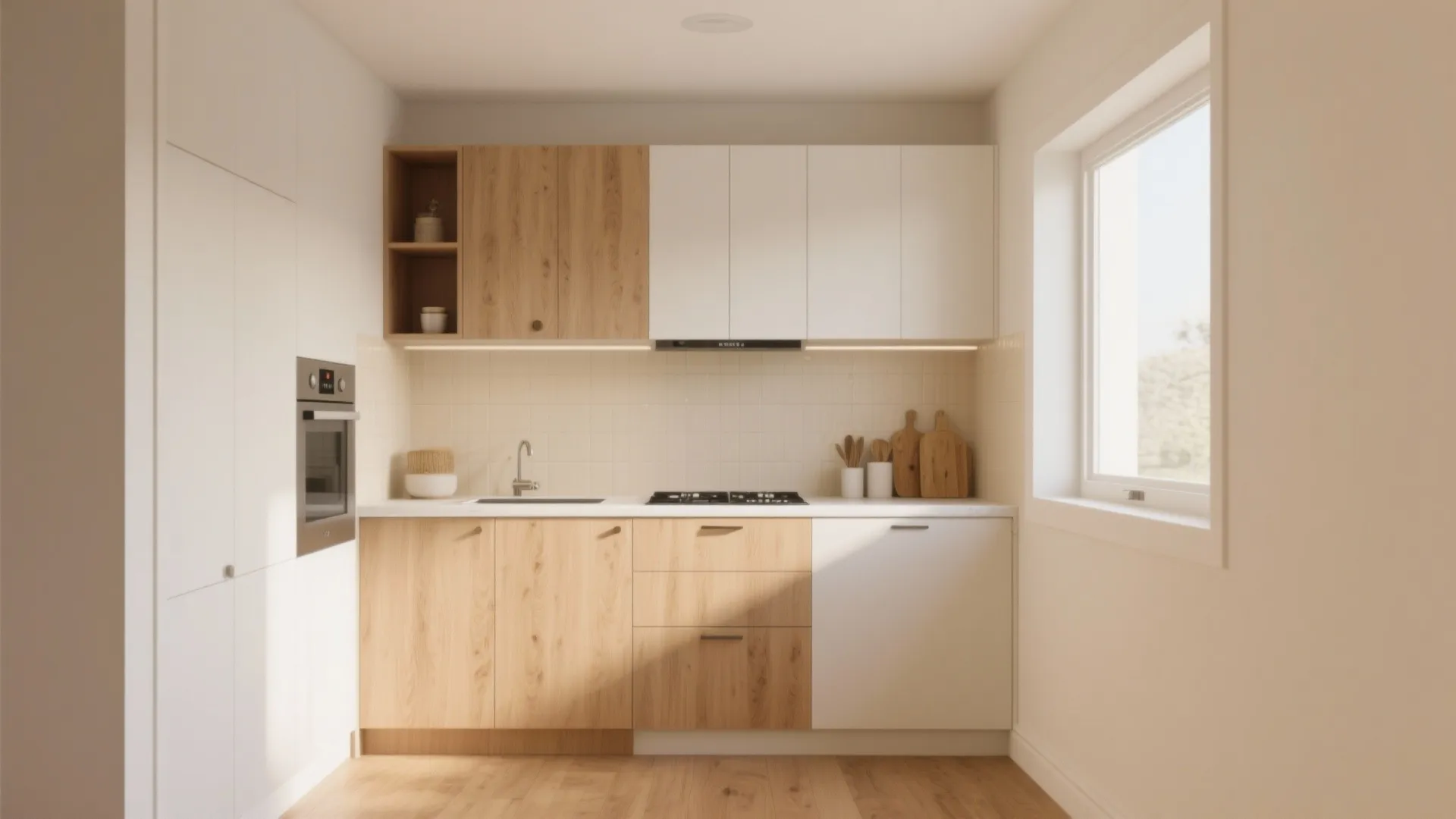 Compact kitchen showing warm cream walls paired with oak cabinets and slightly brighter trim for a cozy feel.