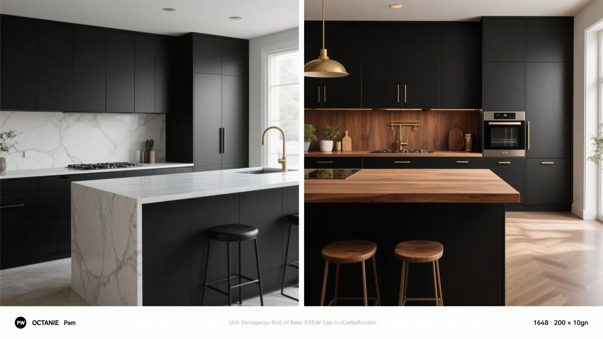 Comparison of black kitchen with white marble surfaces versus a warm wood countertop and backsplash design