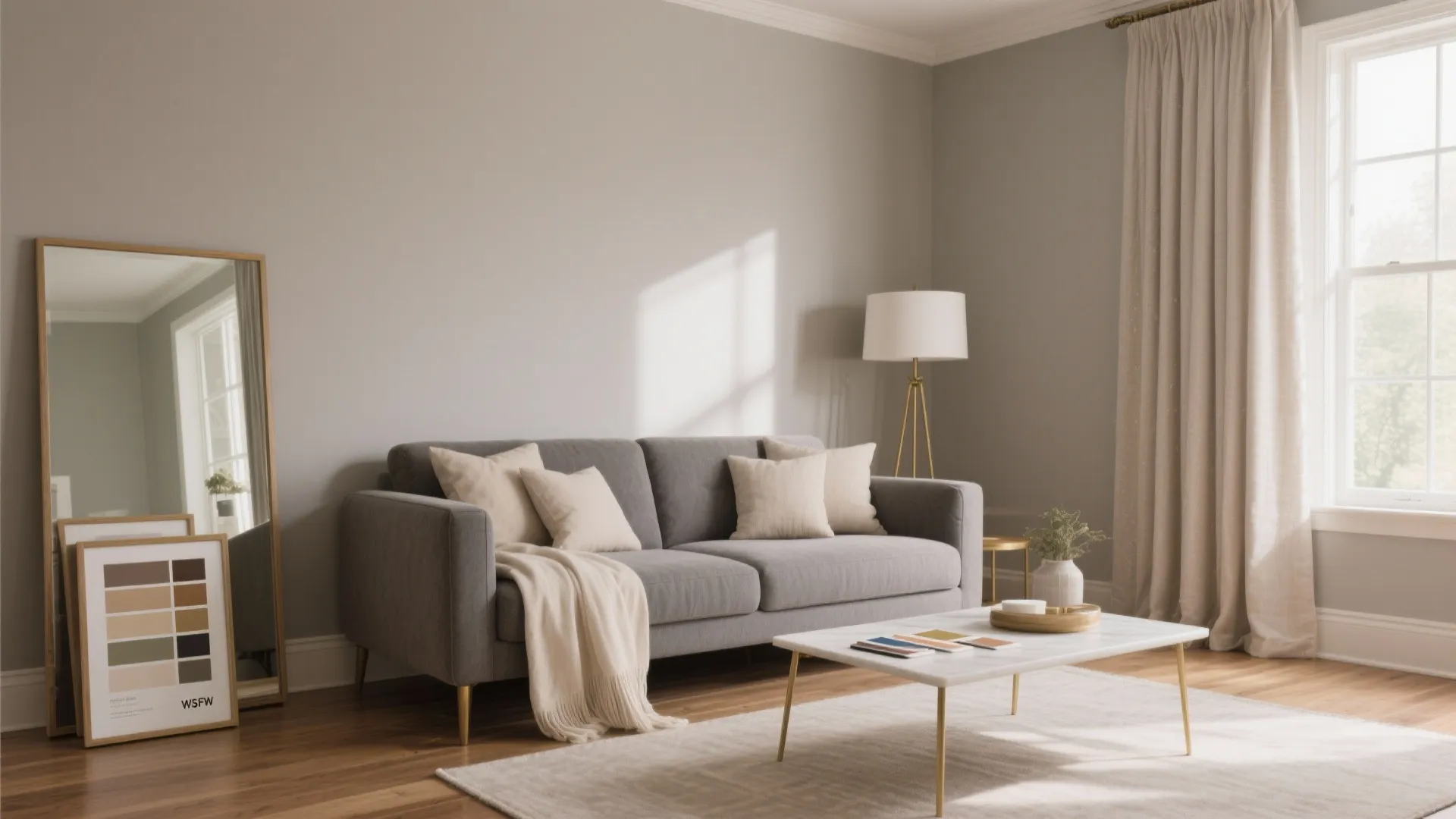 Bright living room featuring grey sofa marble coffee table beige curtain and large floor mirror