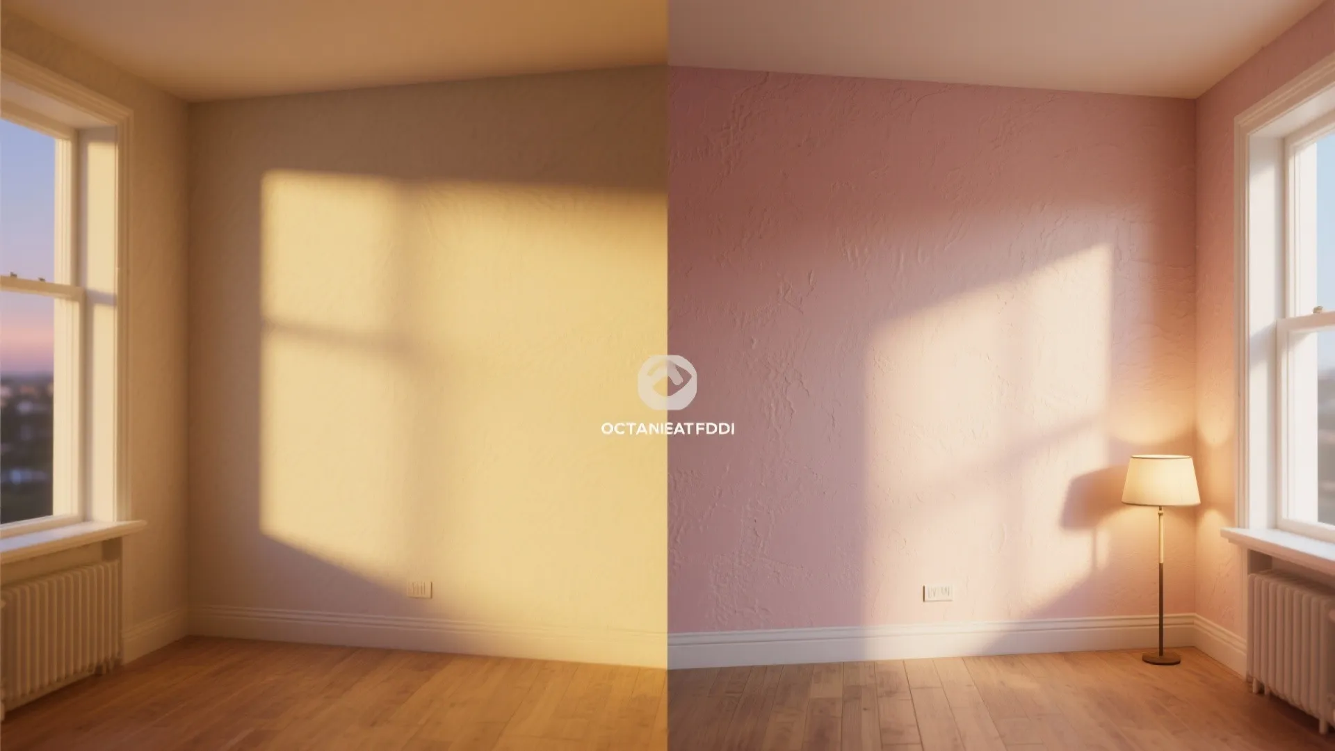 Empty room comparison showing yellow warm light on left and pink soft light on right