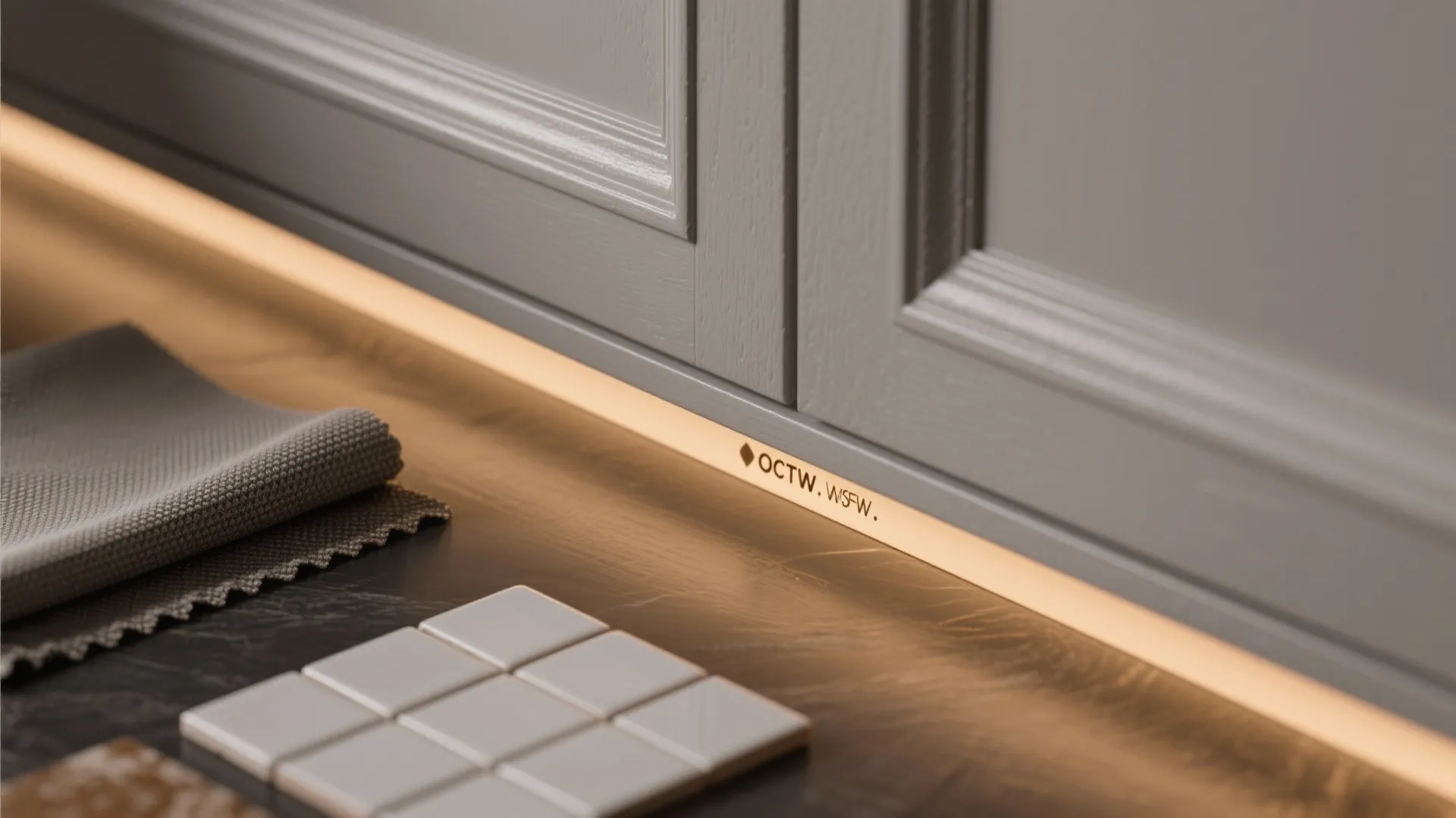 Close up of warm under cabinet lighting strip with color swatches and grey cabinet doors