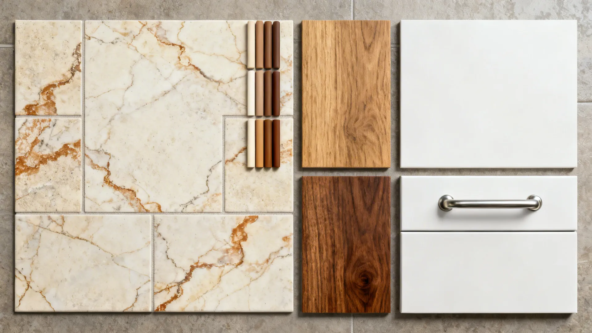 Flat-lay with warm-veined porcelain tile, oak and walnut, matte white, and hardware.