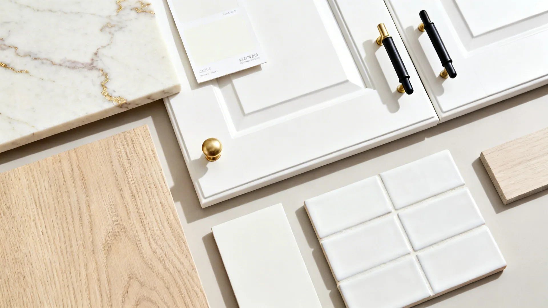 Flatlay of creamy veined quartz, matte white cabinet, oak veneer, and mixed metal hardware.